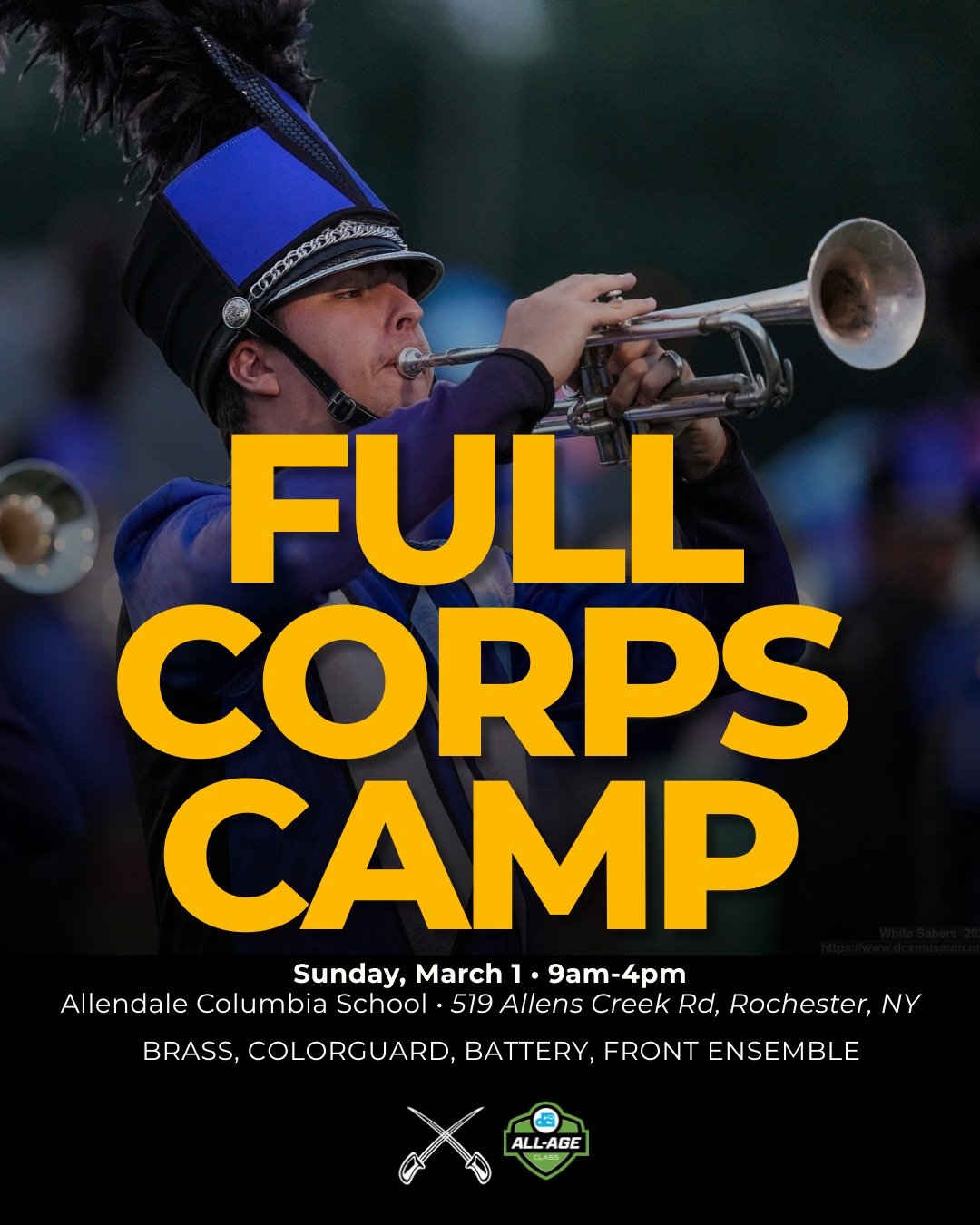 Whether you're in the midst of your winter season, taking a break, or in "retirement," we'd love to see you at our Full Corps Camp this Sunday, March 1st!

Preregistration is highly encouraged. All ages and skill levels encouraged to attend
