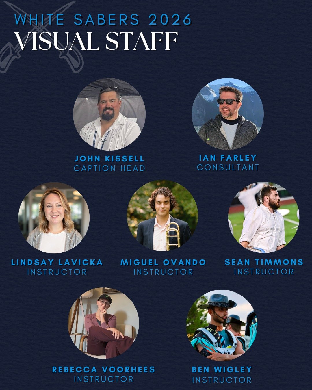 📣STAFF ANNOUNCEMENT📣

This season's visual staff is led by second-year Caption Head, John Kissell! Staff is made up off:
&diams; Lindsay Lavicka, Visual Instructor
&diams; Miguel Ovando, Visual Instructor
&diams; Sean Timmons, Visual Instructor
&di
