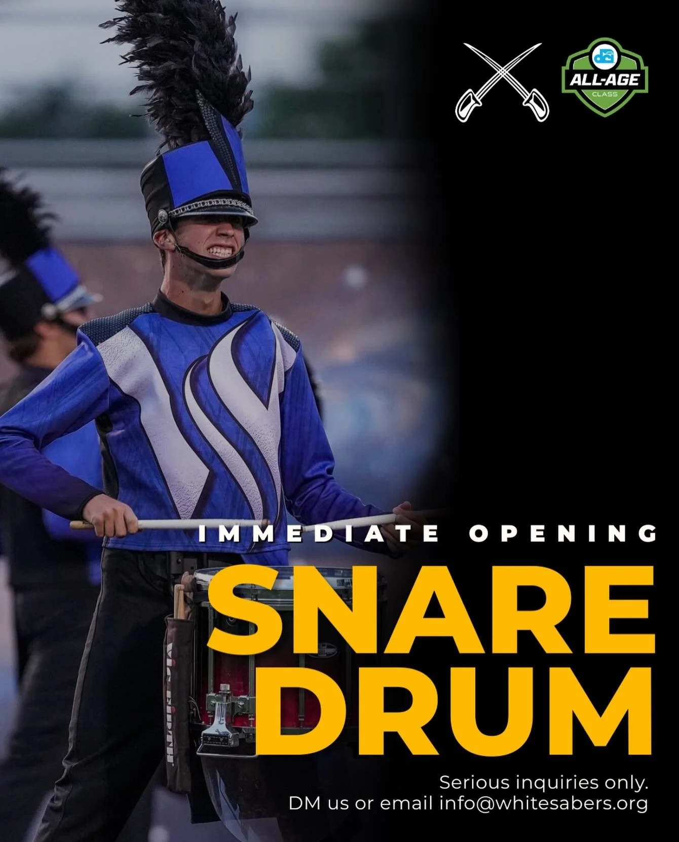 🚨 White Sabers is seeking an additional snare drummer to join the 2026 battery immediately🚨 

A successful member has previous marching snare drum experience, the ability to jump in and learn quickly, a can-do attitude, a passion for the marching a
