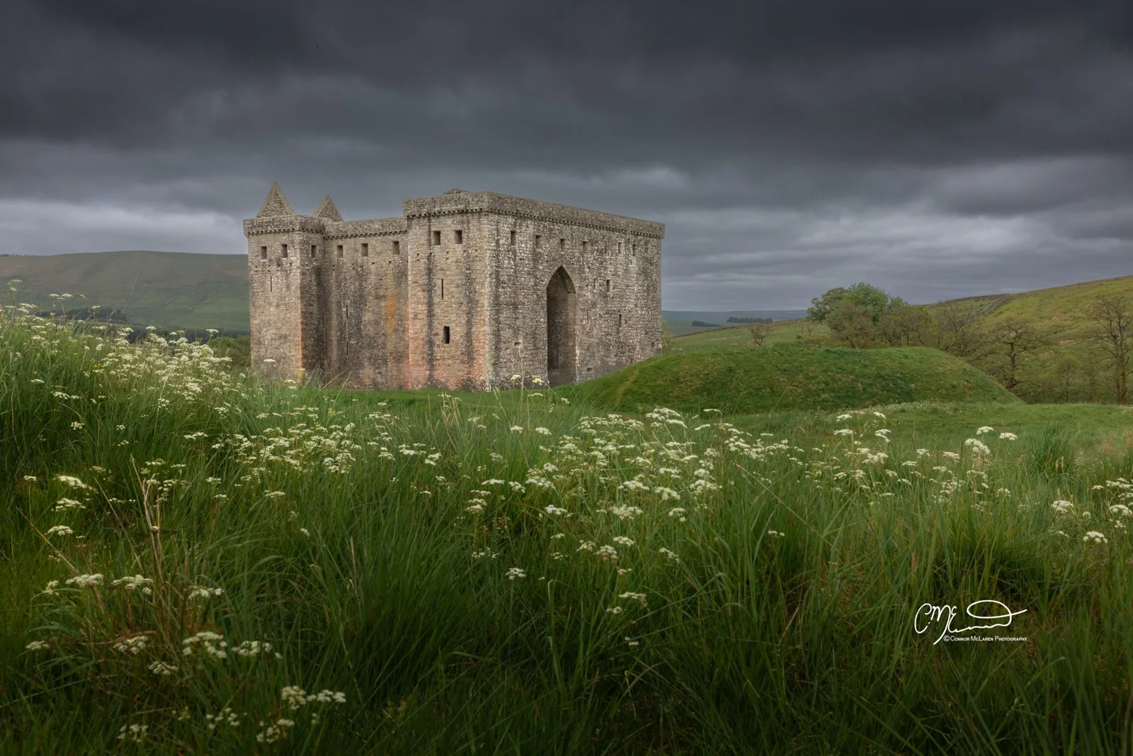 Scottish Lowlands, Scotland, hermitage castle. A medieval stone castle with battlements and tall towers sits on a grassy hill under a dark, stormy sky, surrounded by green fields and wildflowers.