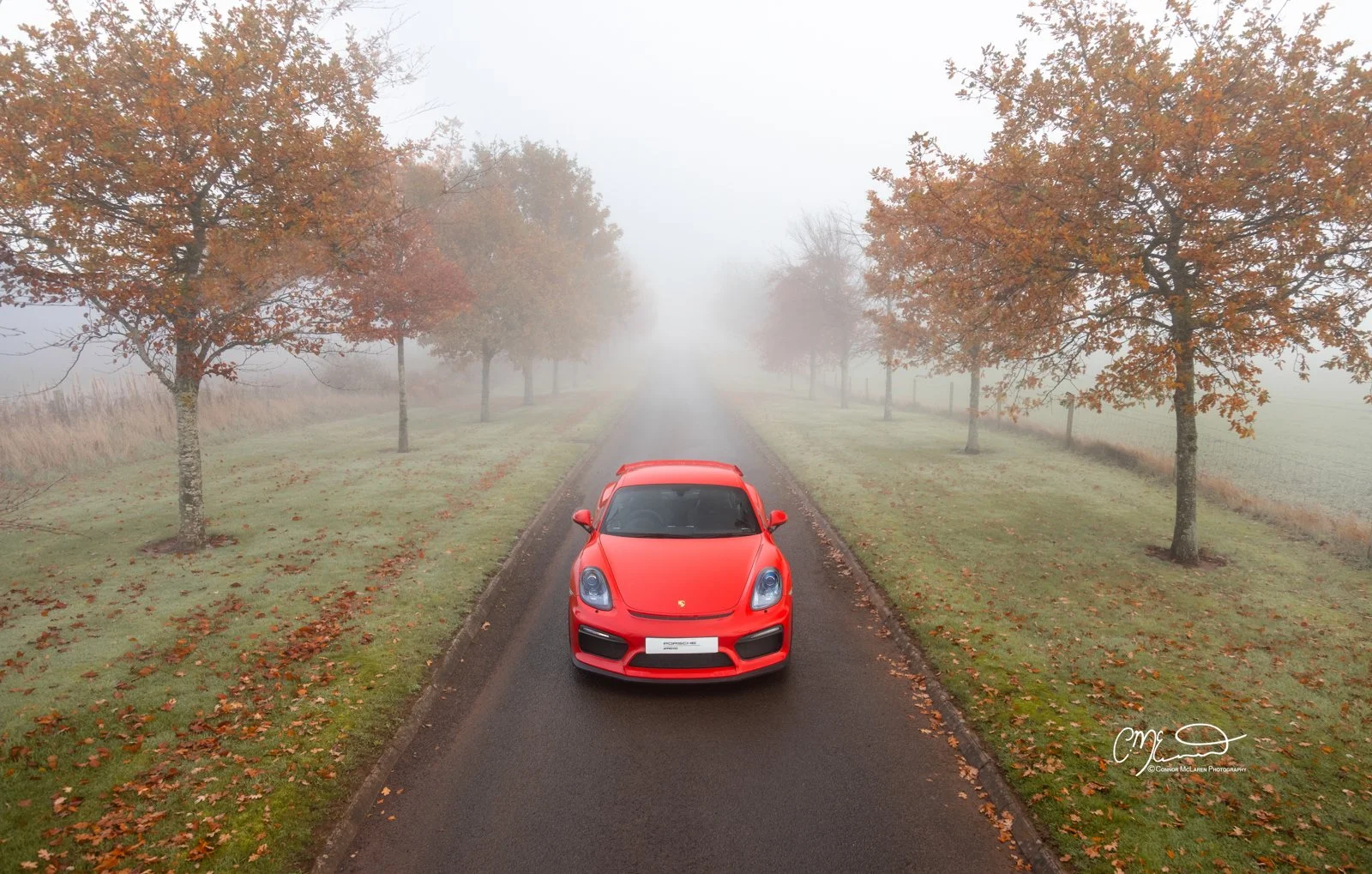 A red Porsche GT4 sports car parked on a narrow road with trees on both sides, autumn-colored leaves, and a foggy background.