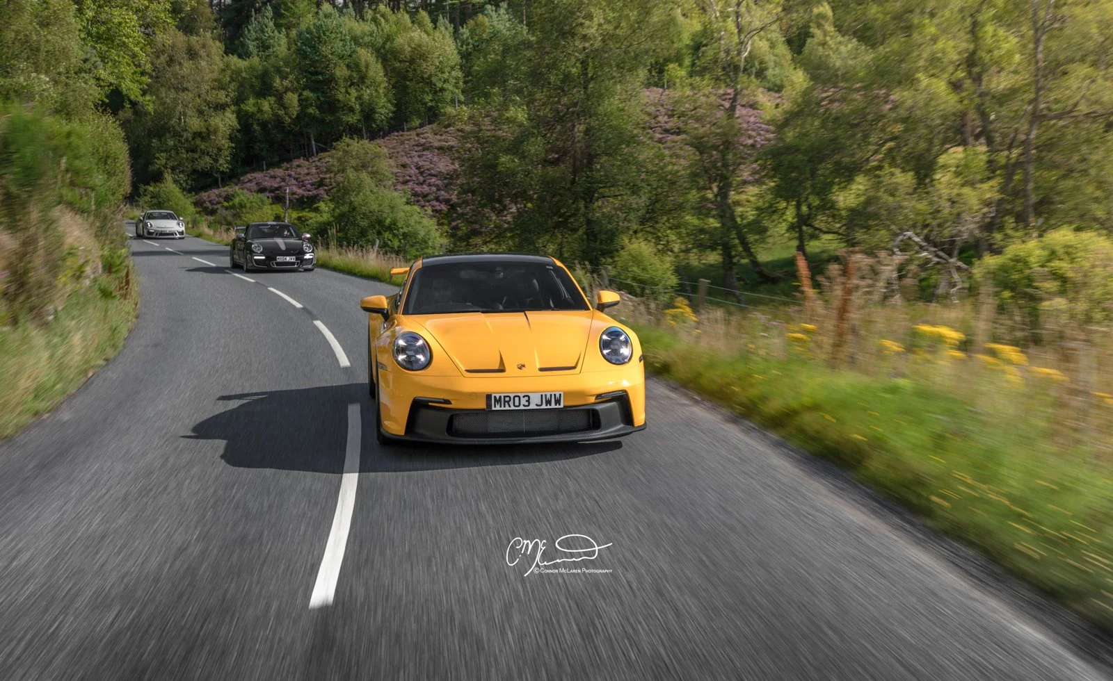 Mr JWW Porsche 911 GT3. A yellow sports car driving on a winding country road with green trees and purple flowering bushes on the side