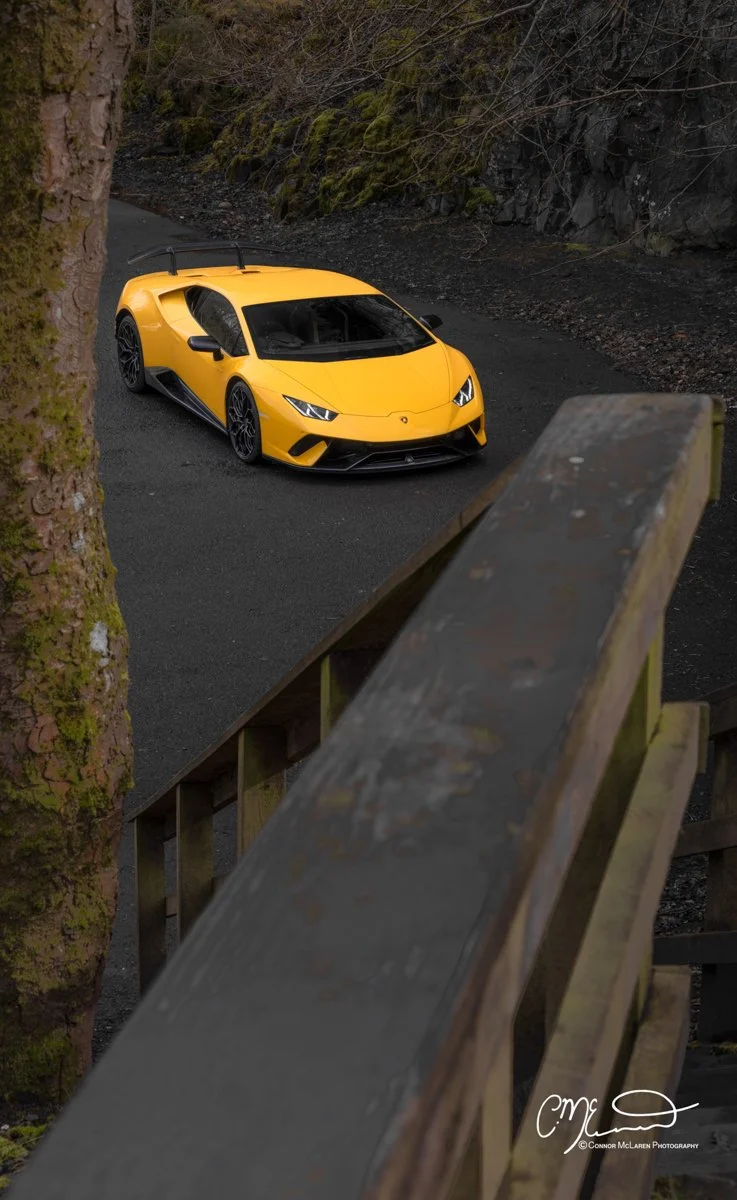 A yellow Lamborghini Performante sports car parked on a dark, gravel driveway next to a moss-covered rocky hillside, partially visible through a wooden railing and a tree trunk.