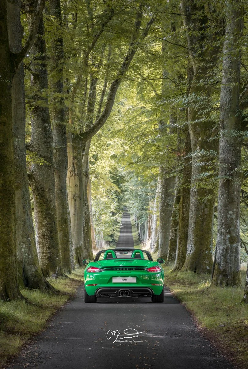 Green Porsche 718 Boxster sports car on a narrow tree-lined road with tall trees on both sides and dense green foliage overhead.