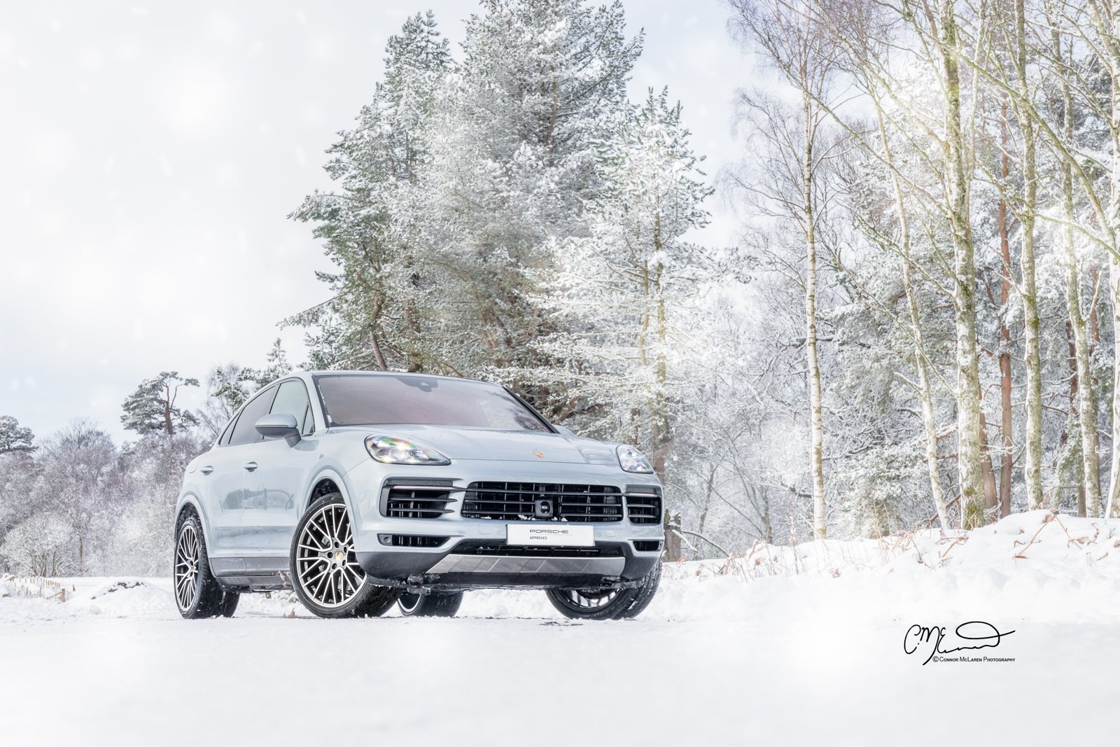 A silver Porsche Cayenne coupe parked on snow-covered ground next to a winter forest with snow-covered trees under an overcast sky.