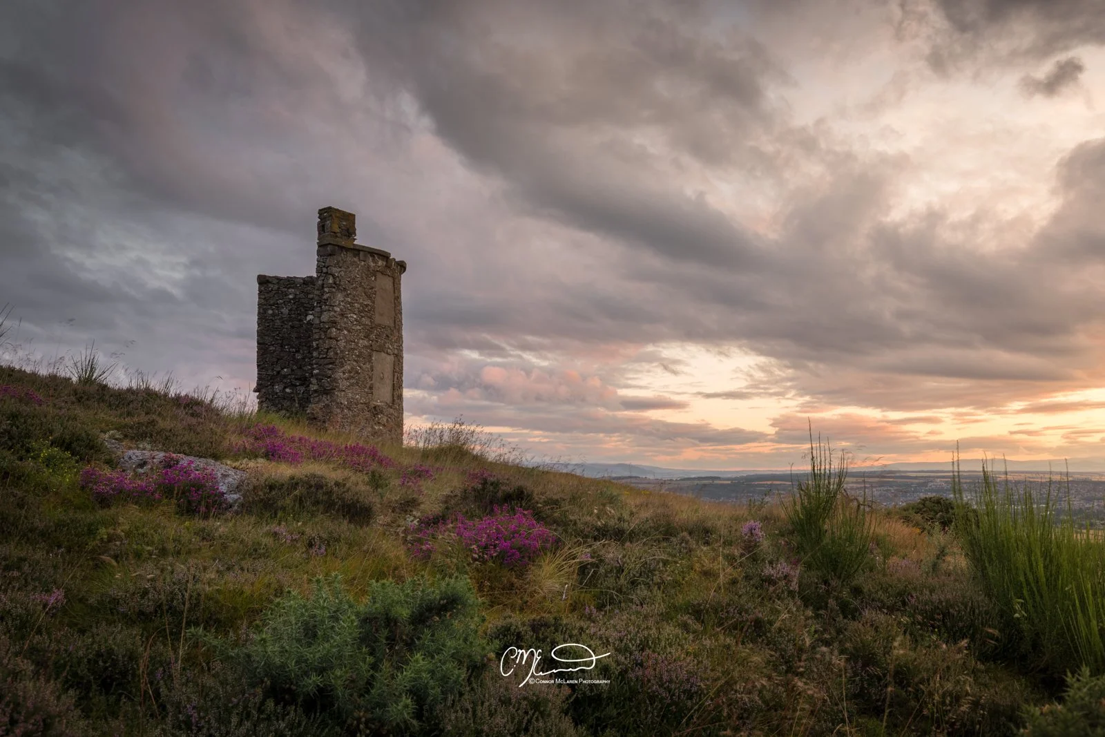Scottish Central Highlands, Scotland, Perthshire Scone. A solitary stone tower on a grassy hillside with pink and purple wildflowers, under a cloudy sky during sunset.