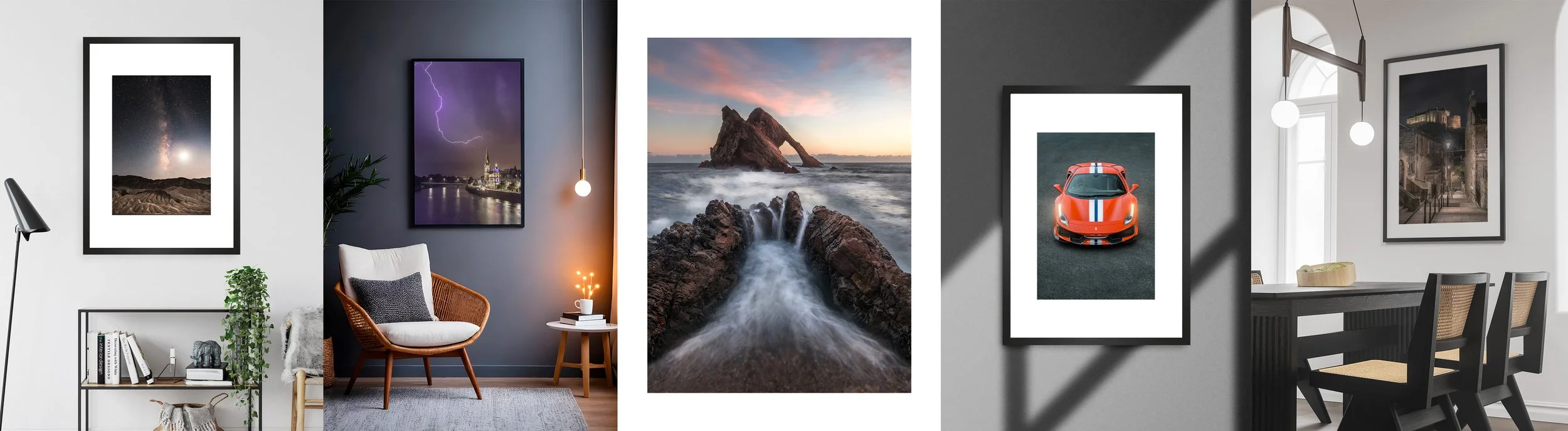 Photography & fine art prints of Scotland. Worldwide shipping available. Set of five interior rooms with framed wall art and furniture, ranging from modern living rooms to dining spaces, with various decorative elements and lighting.