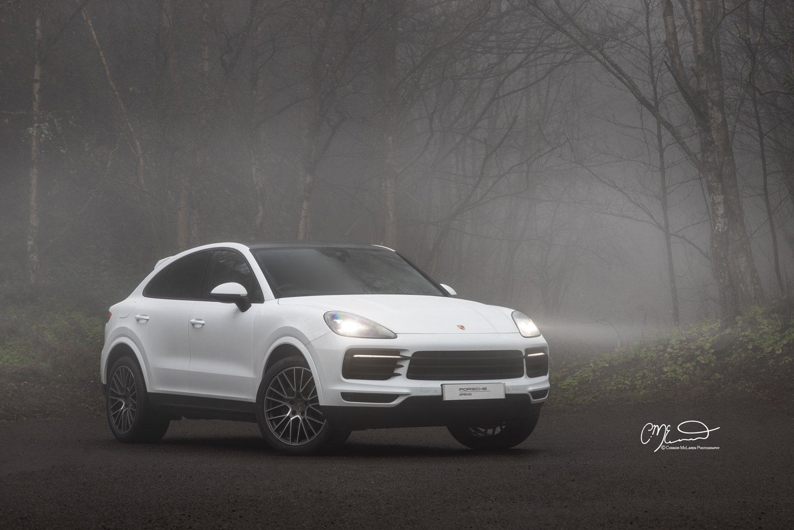 A white Porsche Cayenne coupe parked on a dark road in a foggy forest with leafless trees in the background.