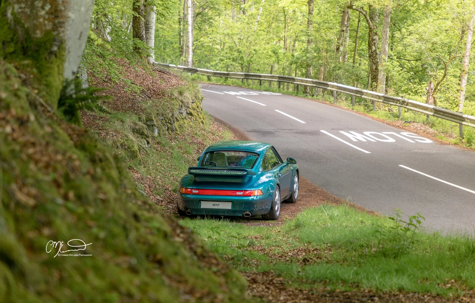 A classic teal Porsche 911 parked on the side of a curving forest road, surrounded by trees with green leaves, and a guardrail along the road.