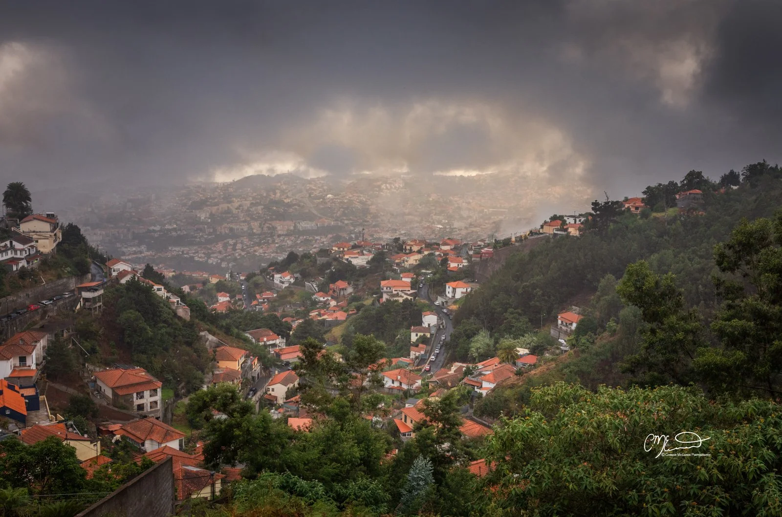 Funchal, Madeira, Portugal. Scenic view of a hilly neighborhood with red-tiled roofs and lush green trees under dark, cloudy skies.