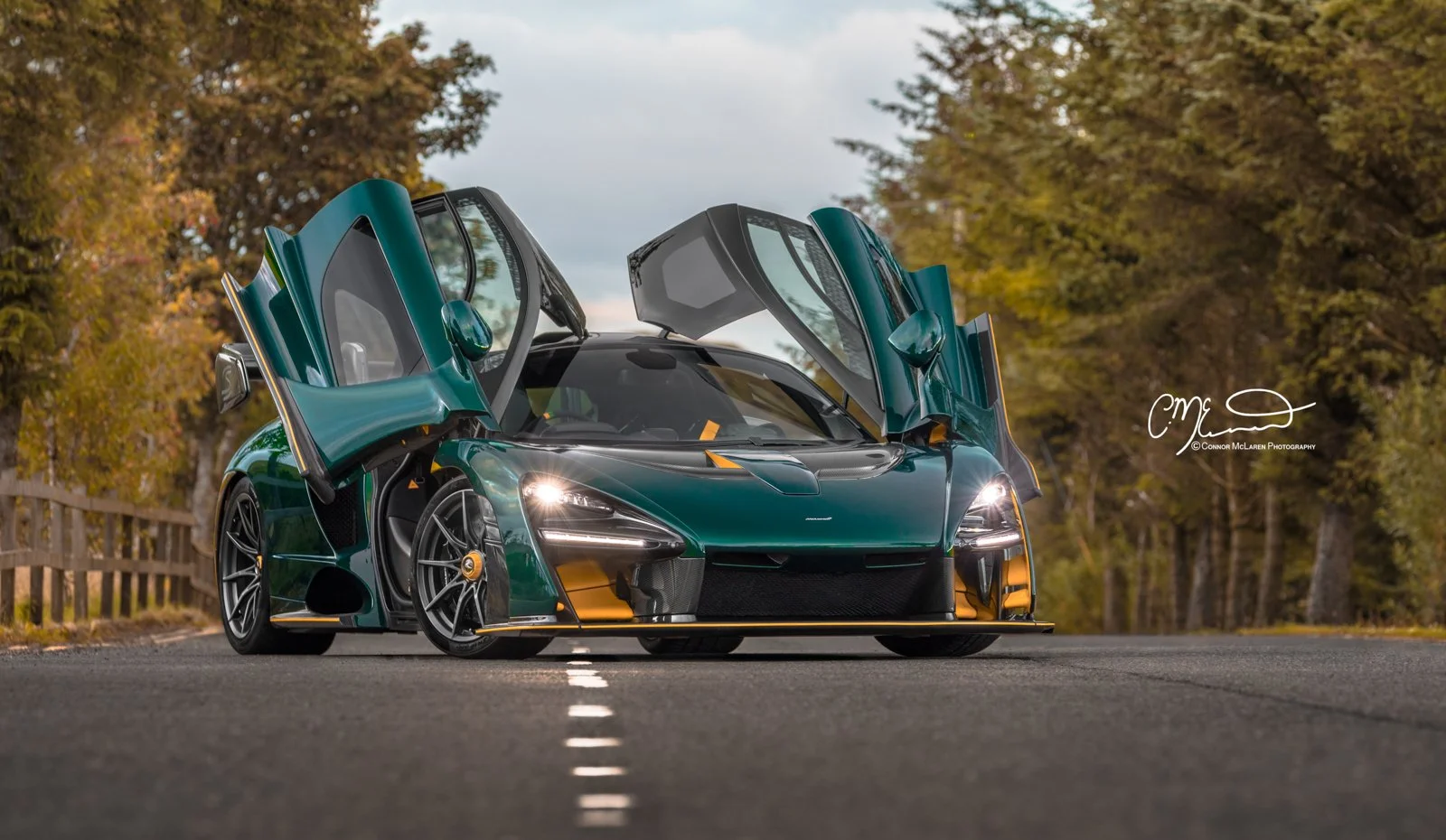 MSO McLaren Senna, full Carbon Green. A sleek green sports car with gullwing doors open on an empty road surrounded by trees with autumn foliage.