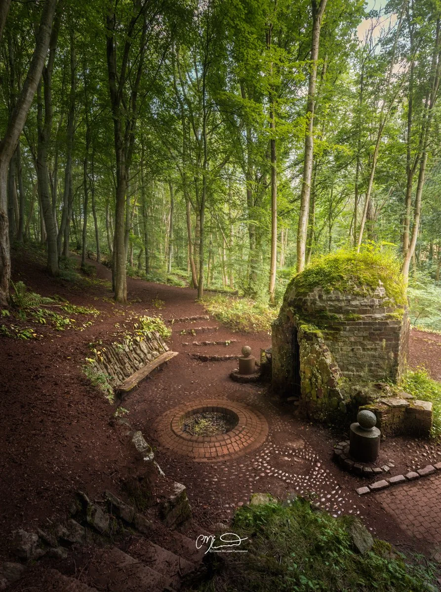 Dunnottar Woods, North East Scotland. A forest trail with steps leading up to a small brick chimney structure surrounded by greenery and mature trees.