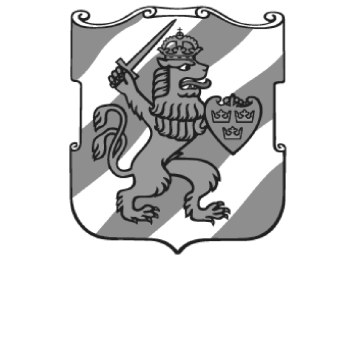Svartvitt bild av ett vapenemblem med en lejon, ett svärd och en sköld med tre kronor.