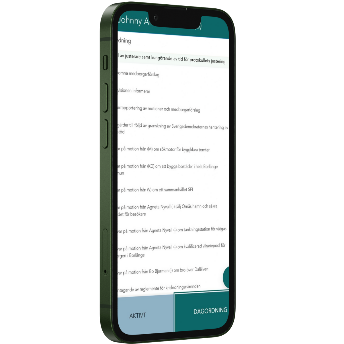 Mobill med en skärm som visar en lista på vad som verkar vara ett mötesprotokoll eller agendapunkter i ett listformat, med knappar märkt "AKTIVT" och "DAGORDNING" längst ner.