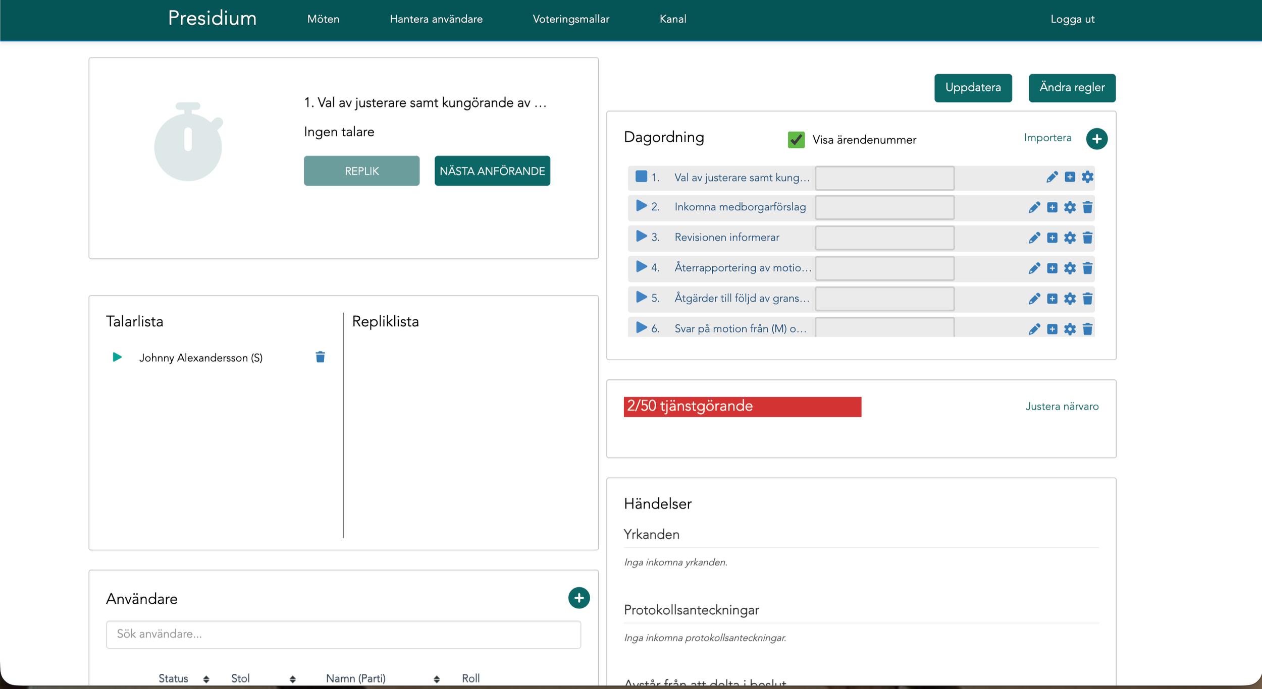 Skärmbild av ett webbgränssnitt för ett system som heter Presidium. Det visar en lista med mötesagenda och olika verktyg för att hantera mötesanteckningar, talarlistor och deltagare.