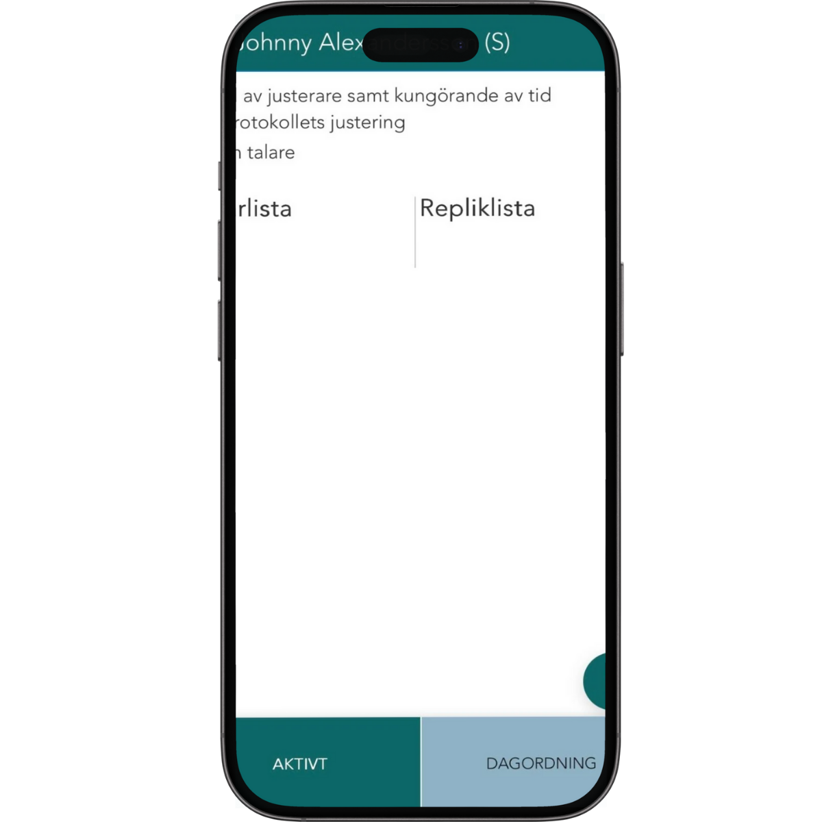 Skärm på en mobiltelefon med en app som visar en lista med två kolumner, en för 'Lista' och en för 'Replista'.