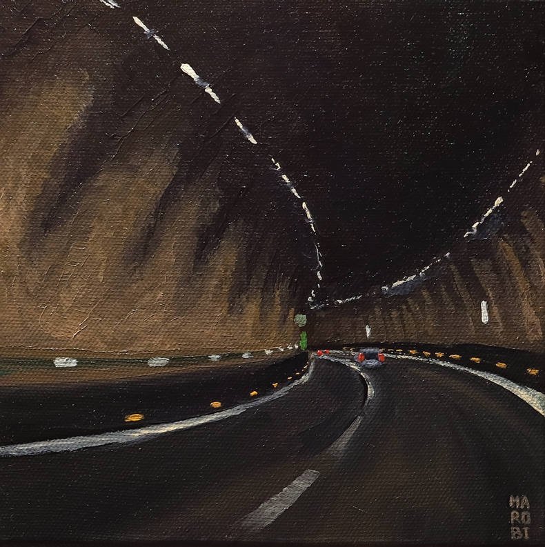 Tunnel Driving Scene Oil Painting by Marobi – Italian Mountain Tunnel with High-Speed Motion and Light Effects