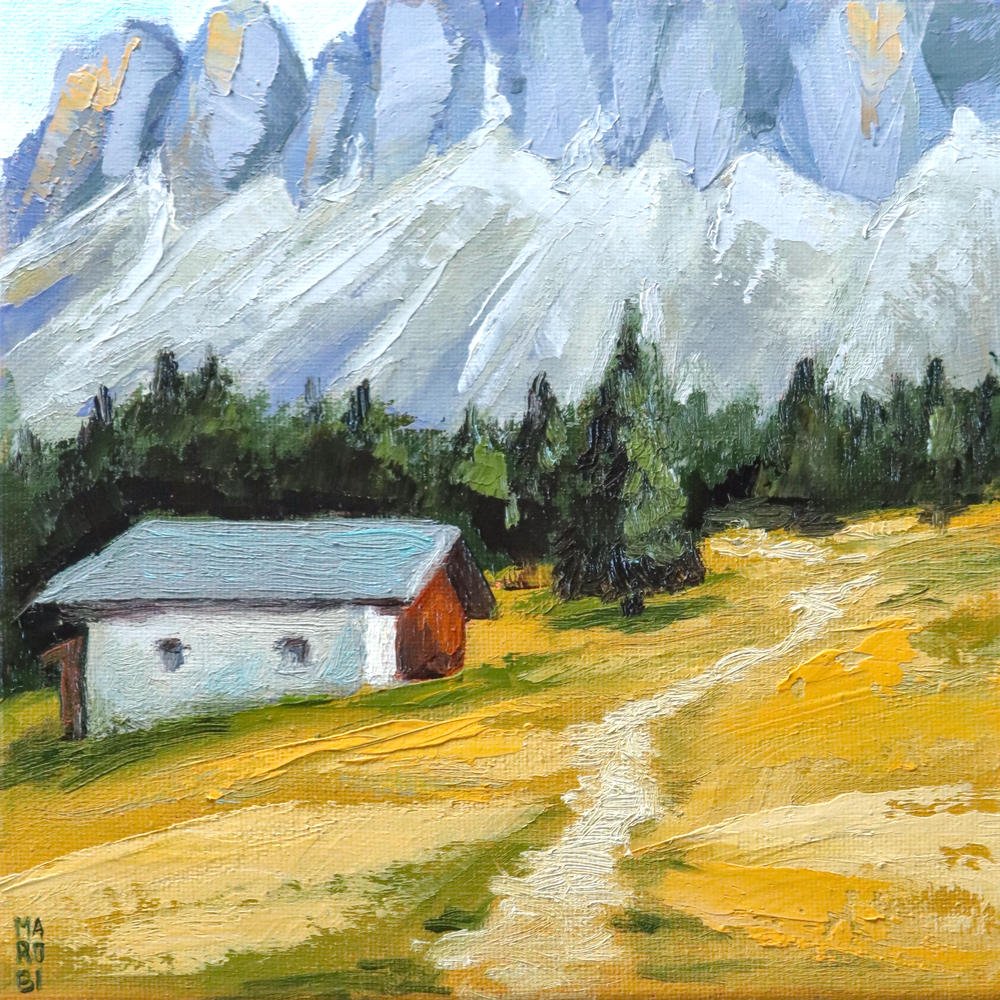 Trail to the Dolomites oil painting by Marobi – path leading to the Dolomites with a house in the foreground