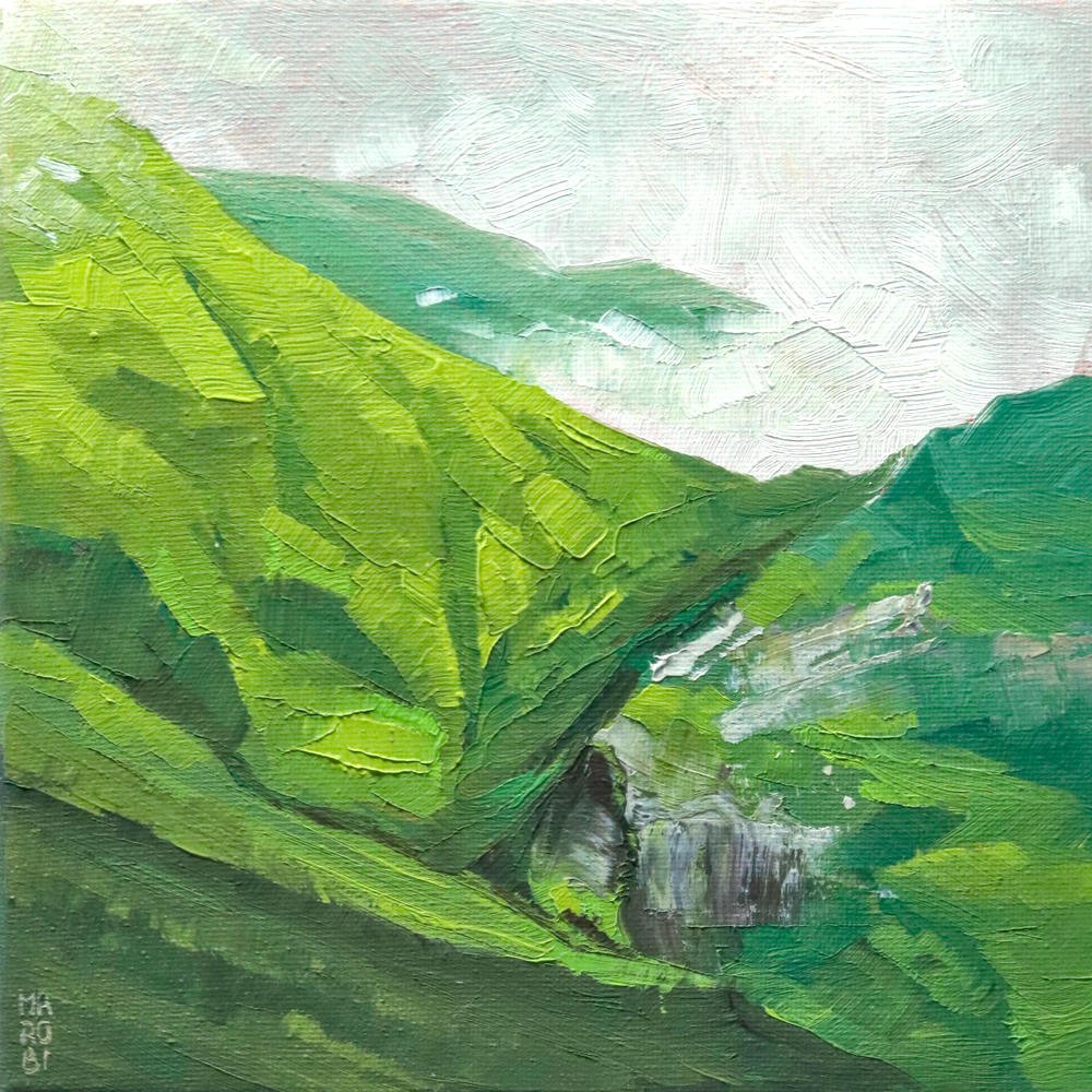 Greenery of the Valley oil painting by Marobi – green mountain landscape with distant fog inspired by a hike to Capanna 2000