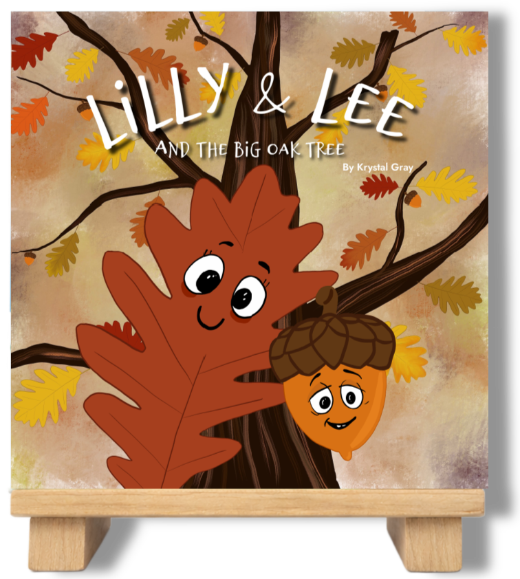 The book cover features cartoon characters of an oak leaf and an acorn with smiling faces, set against a background of tree branches and autumn leaves.