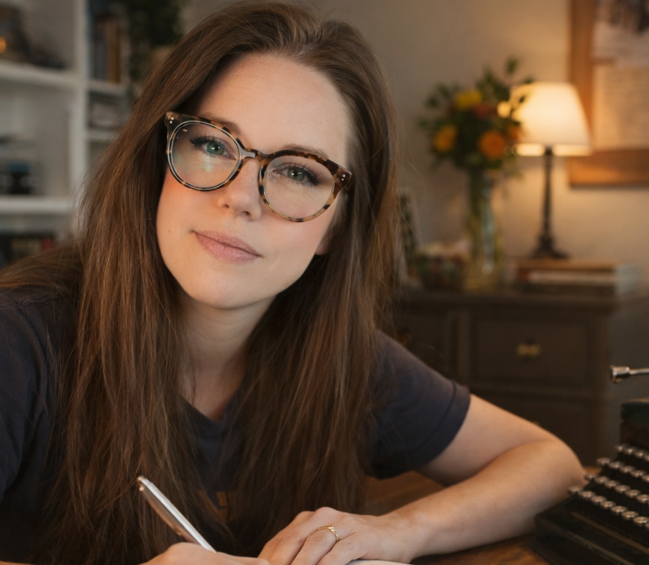 Woman with long brown hair and glasses sitting at a desk, holding a pen, with a vintage typewriter in front of her.