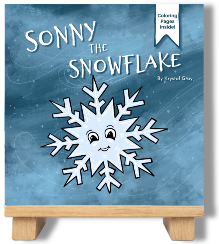 Cover of a children's coloring book titled 'Sonny the Snowflake' by Krystal Gray, featuring a cartoon snowflake with a smiling face on a blue winter background. A sticker on the top right corner mentions inside coloring pages.