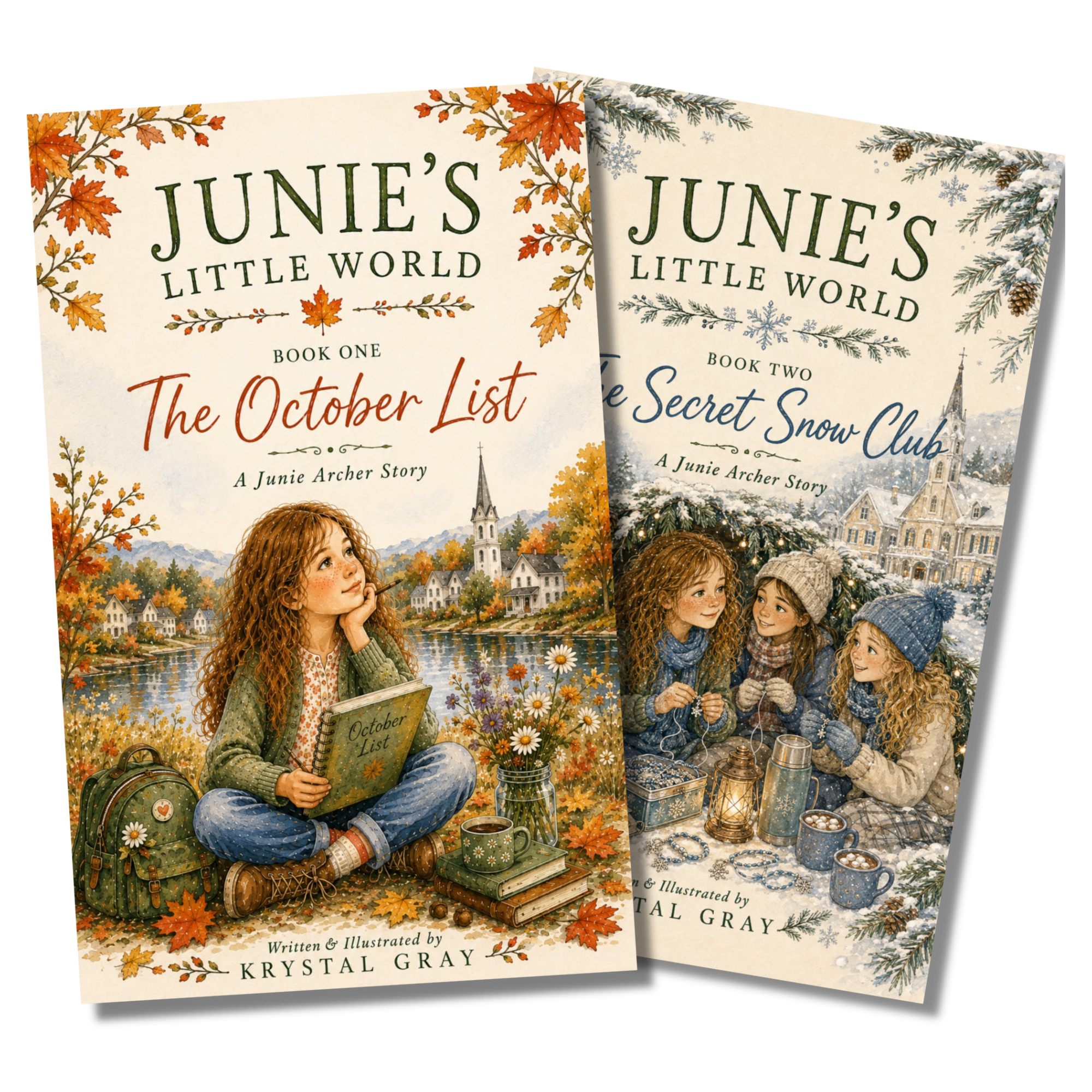 Cover of a book titled "JUNE'S LITTLE WORLD" by Krystal Gray, featuring an autumn scene with a girl holding a notebook, surrounded by fall leaves, with other book covers showing winter scenes and children playing outside in snow.