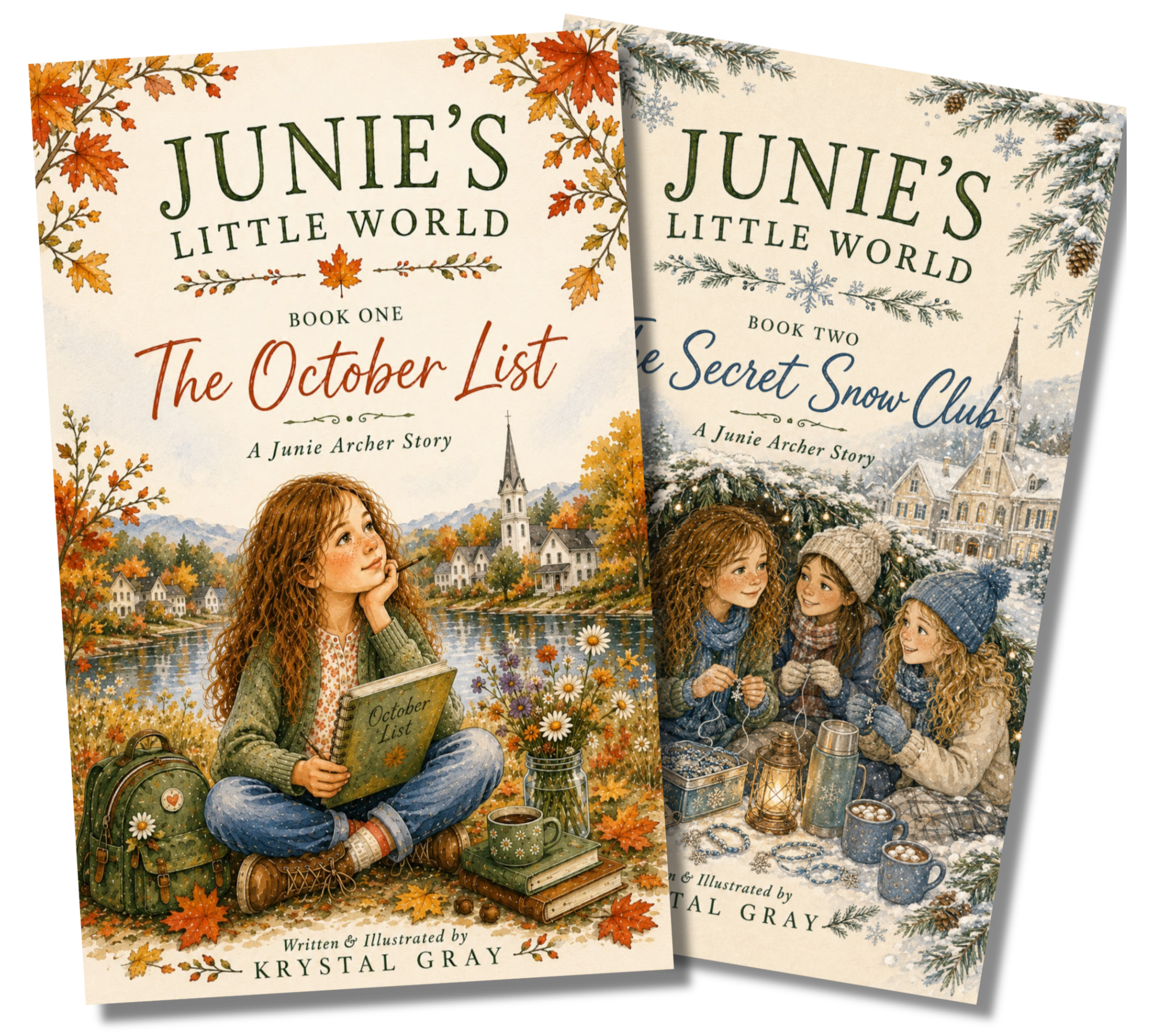 Cover of a book titled "Junie's Little World" featuring an illustrated girl with curly red hair sitting outdoors surrounded by autumn leaves, holding a book labeled "October List," with a backpack and mug nearby; another book titled "June's Little World" featuring winter themes with children in winter clothing around a lantern, snow-covered town and pine branches.