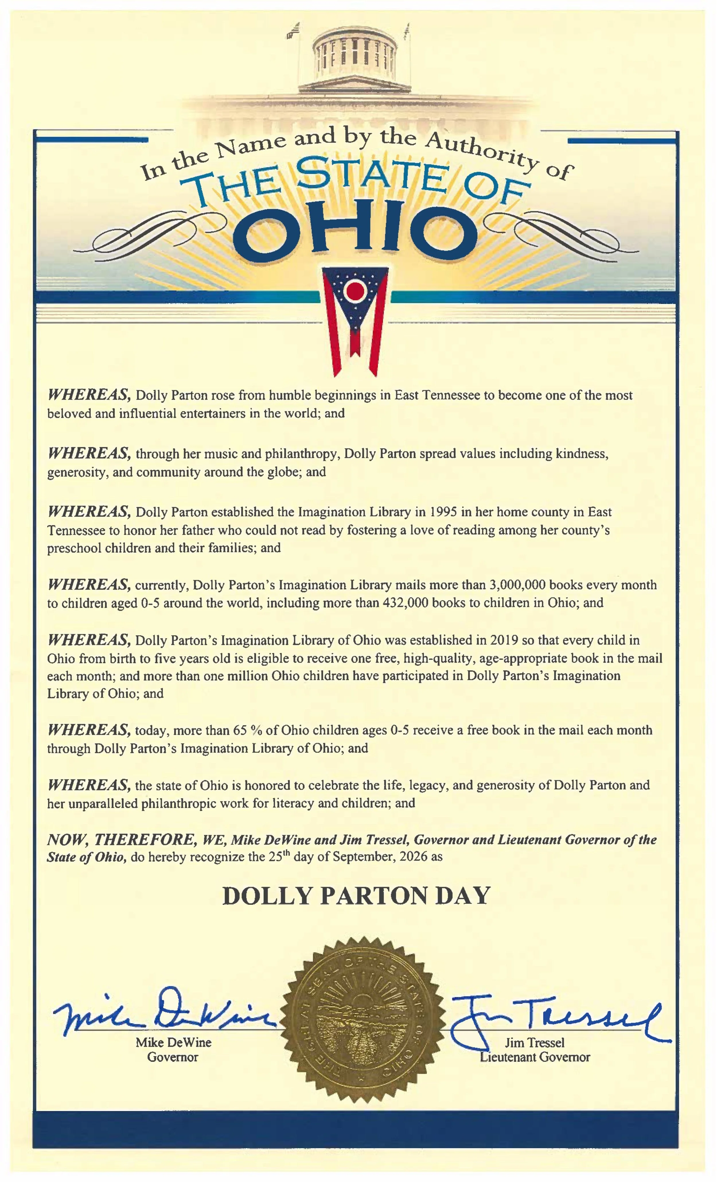 Governor DeWine Issues Proclamation Declaring Dolly Parton Day on September 25, 2026