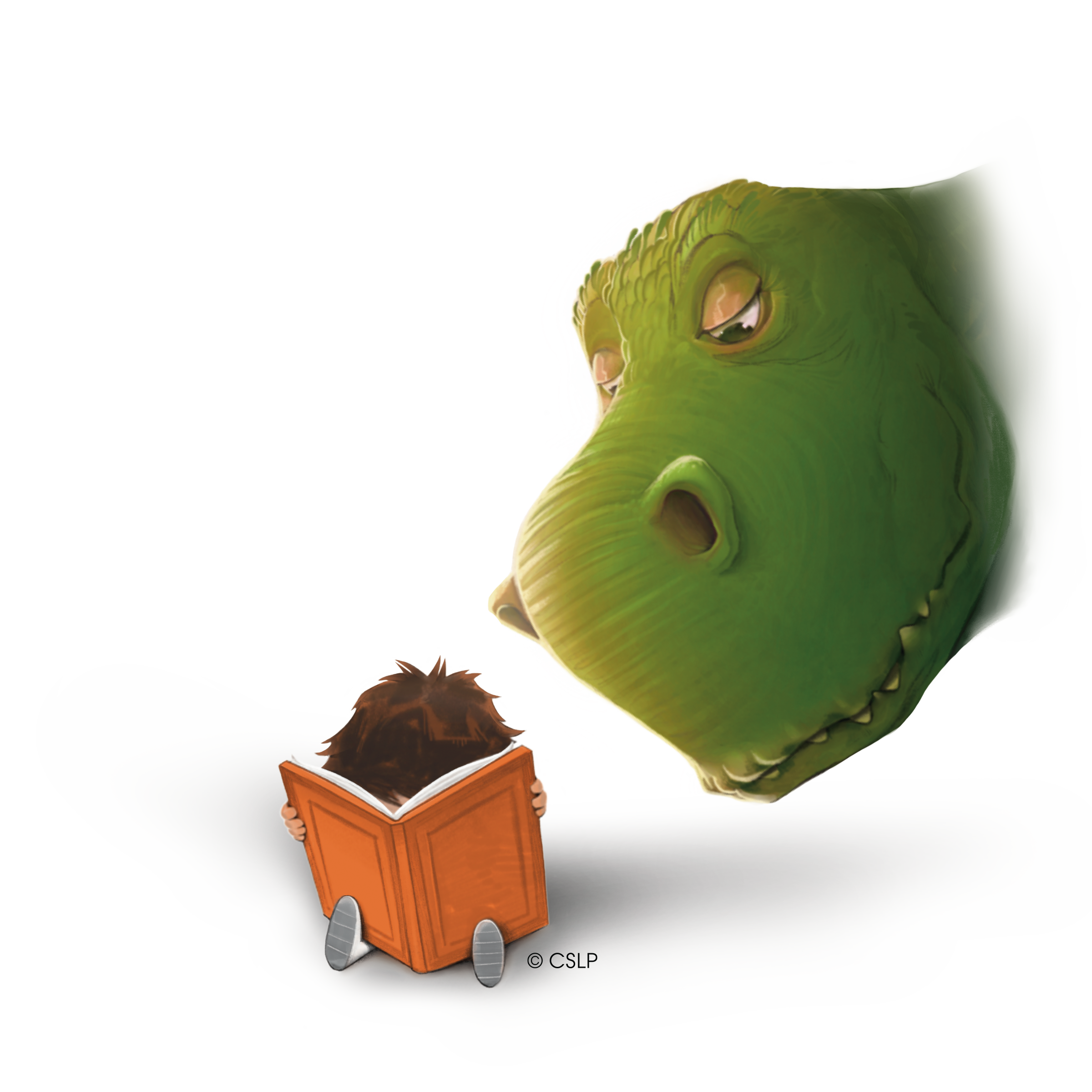 Cartoon image of a t. Rex sneaking behind a child reading an orange book