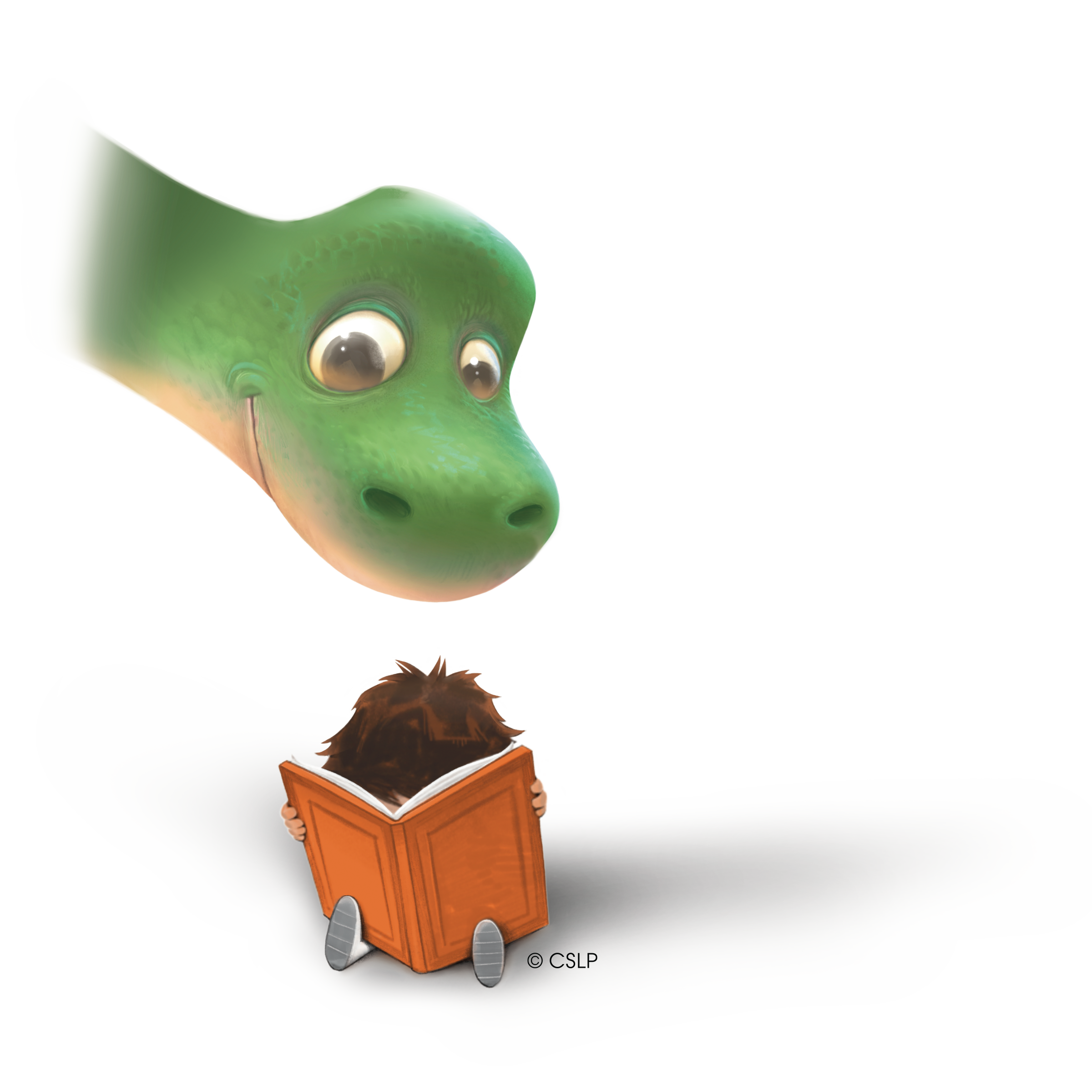 Cartoon image of a Brontosaurus sneaking behind a child reading an orange book