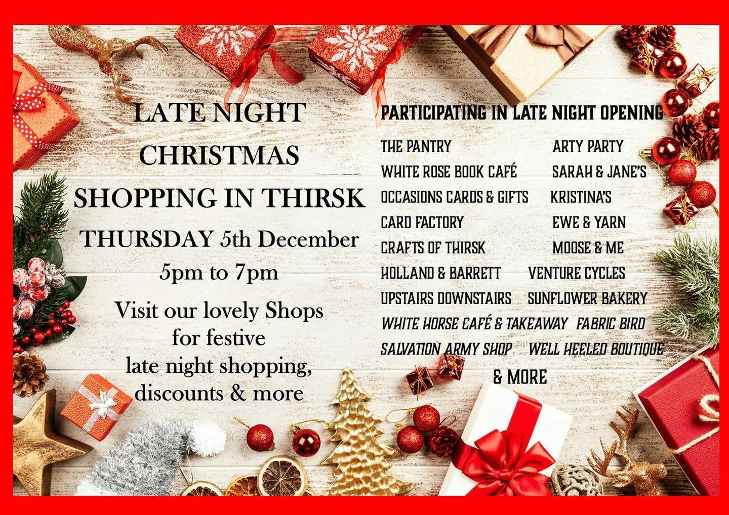 We are opening until 7pm this Thursday evening 🎄. Here is a list of the retailers that are taking part.
Please pop in and see us, and have a relaxed wander around 🎄🌟