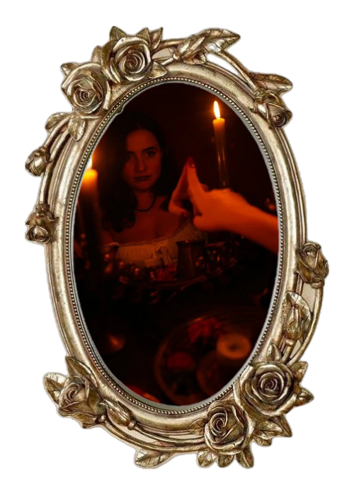 Picture of Seta Mary in an oval gold frame with rose details.