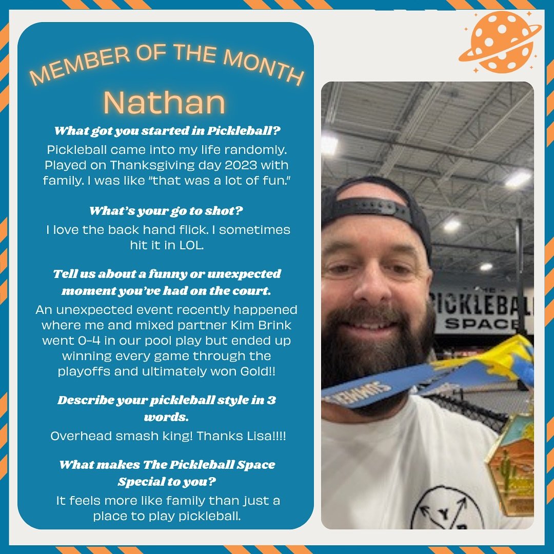 🎉 JULY MEMBER OF THE MONTH 🎉
Everyone give it up for Nathan &mdash; our go-to guy on and off the court! 💪🏽🔥
Whether it&rsquo;s dinking, drilling, or just bringing good vibes, Nathan shows up with energy, hustle, and heart. 💯

Your consistency, 