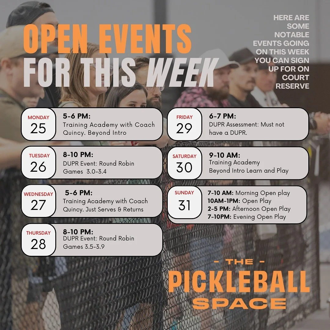 This Week at The Pickleball Space!

We&rsquo;ve got a packed week full of pickleball fun&mdash;don&rsquo;t miss out!

✅ Open Play all week
✅ Drills &amp; Skills sessions
✅ Endless Summer Smash Tournament (SEPT 20+21) &ndash; Sign up today before 8PM 
