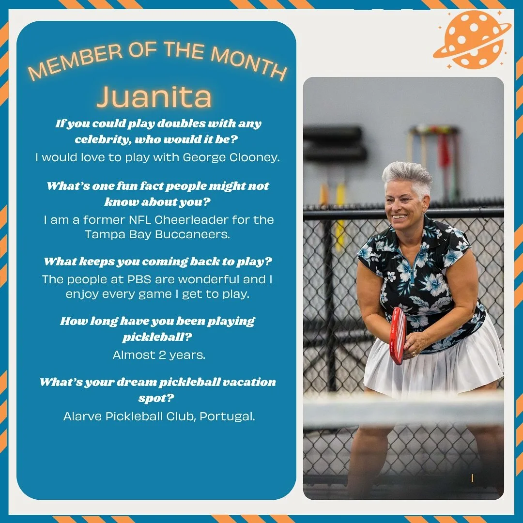 🎉🏓 October Member of the Month: Juanita! 

Please join us in congratulating Juanita, our October Member of the Month here at The Pickleball Space! 🙌 Her energy, dedication, and love for the game light up the courts every time she plays. 💥

Thank 