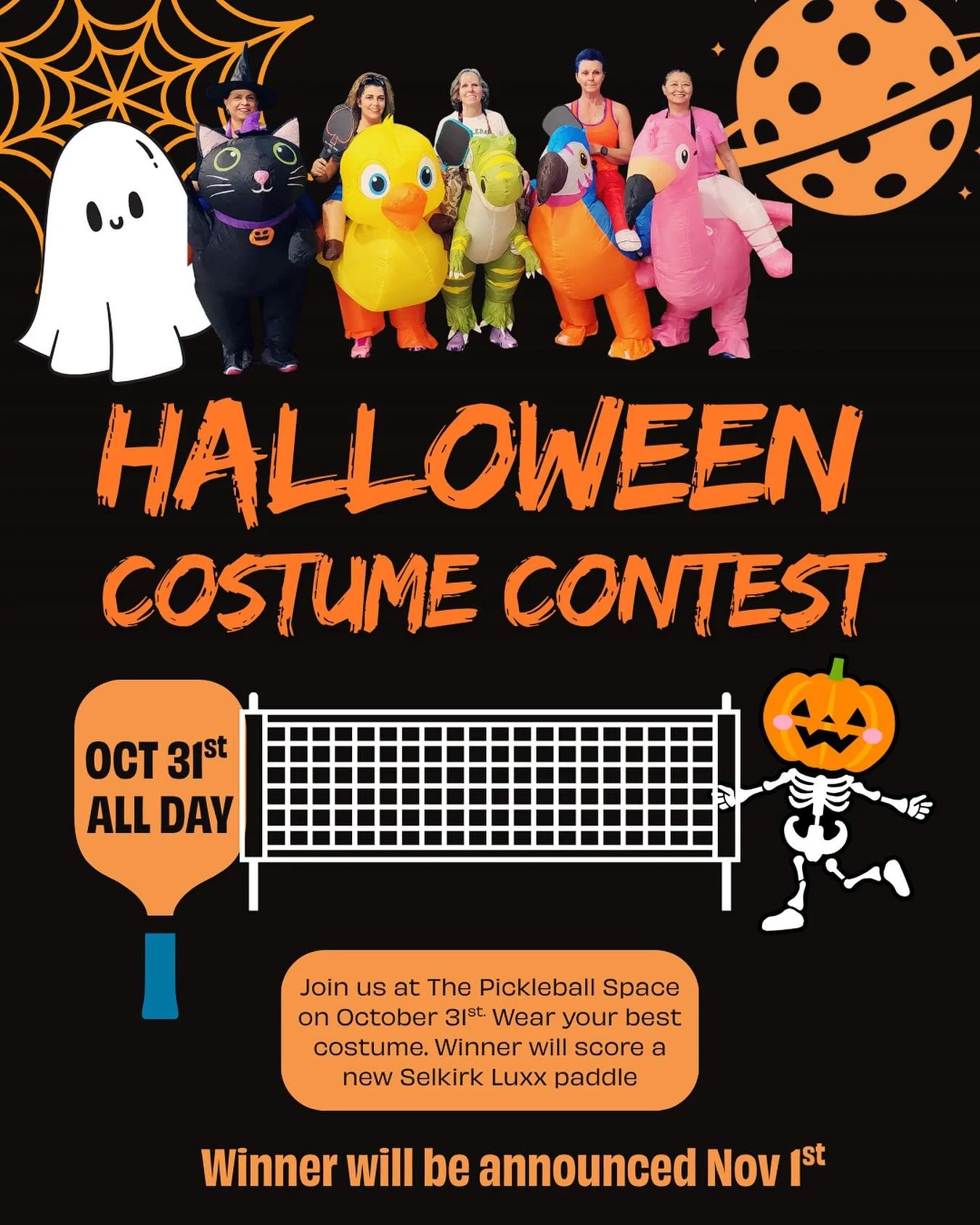 πHalloween at The Pickleball Space π
Come play all day in your best costume! 
π Winner takes home a brand  new paddle courtesy of Selkirk. Don’t miss the fun, the fits and the freaky good games π» 
#halloween #pickleball #pickleballfamily #i
