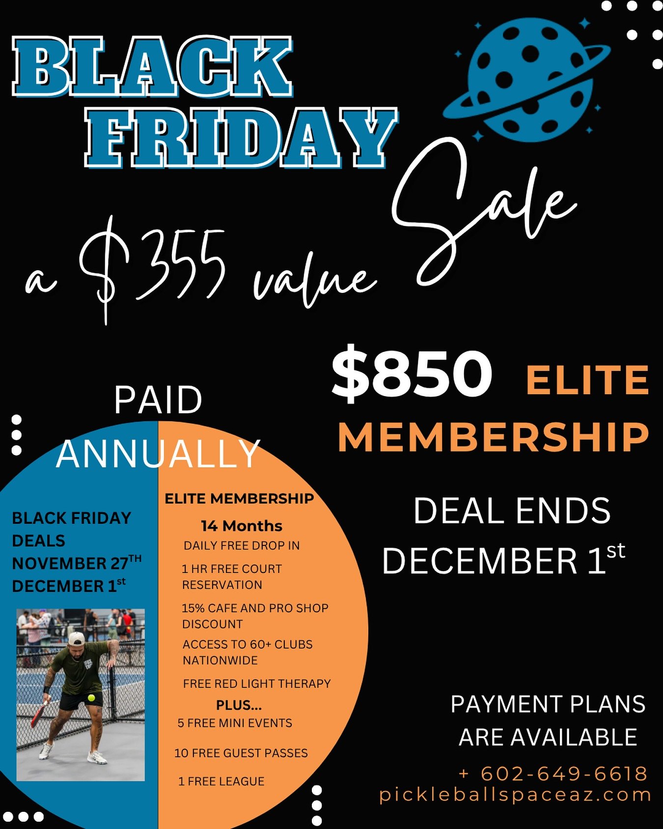 🖤 BLACK FRIDAY DROP IS HERE! 🖤
The Pickleball Space&rsquo;s BEST deal of the year 
💥 Elite Membership &ndash; Now Only $850! 💥
Unlock 14 months of unlimited play, exclusive court access, member perks, and everything you need to level up your game