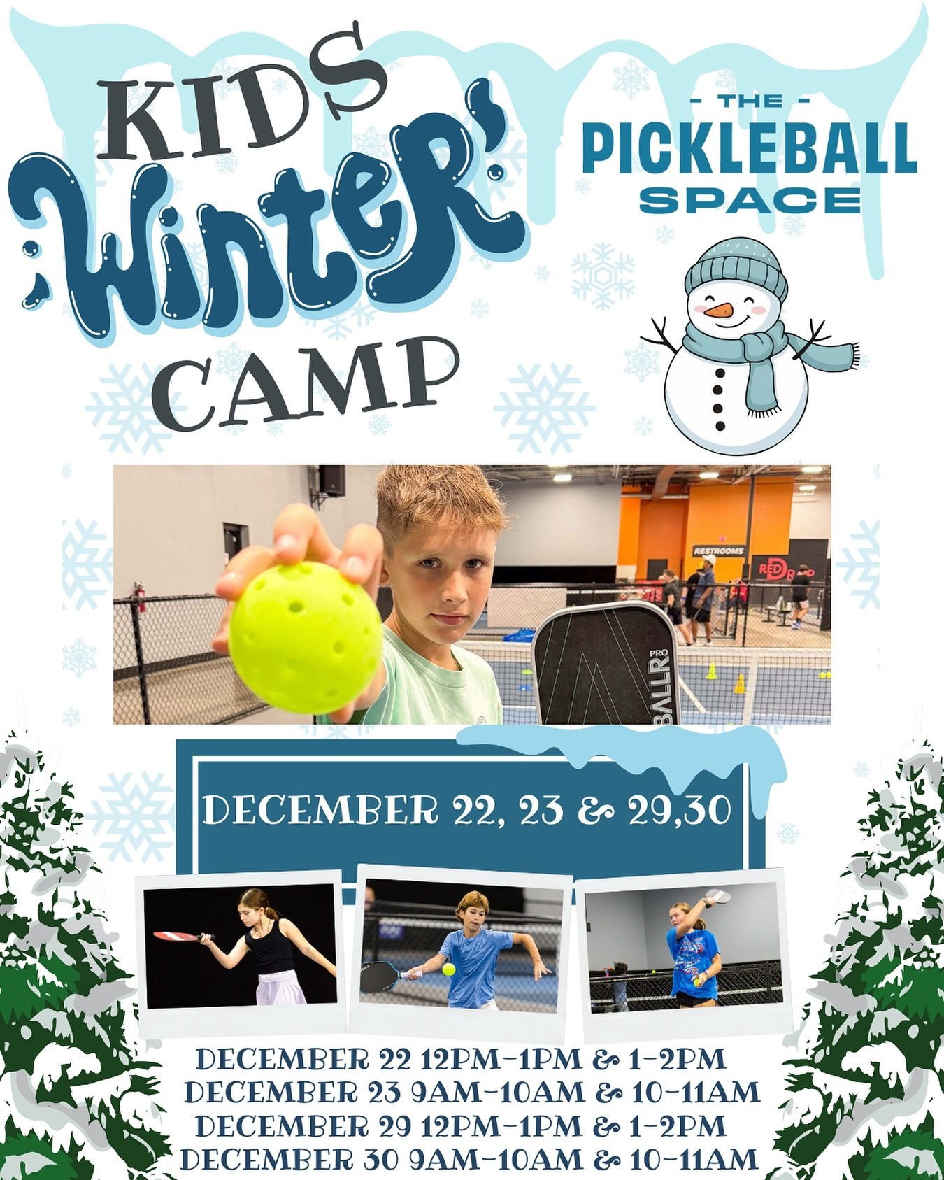 ❄️ KIDS WINTER PICKLEBALL CAMP ❄️
Keep the kids active, learning, and having fun during winter break! 🏓✨
📅 Camp Dates &amp; Times:
&bull; Dec 22 &amp; Dec 29
⏰ 12:00&ndash;1:00 PM &amp; 1:00&ndash;2:00 PM
&bull; Dec 23 &amp; Dec 30
⏰ 9:00&ndash;10: