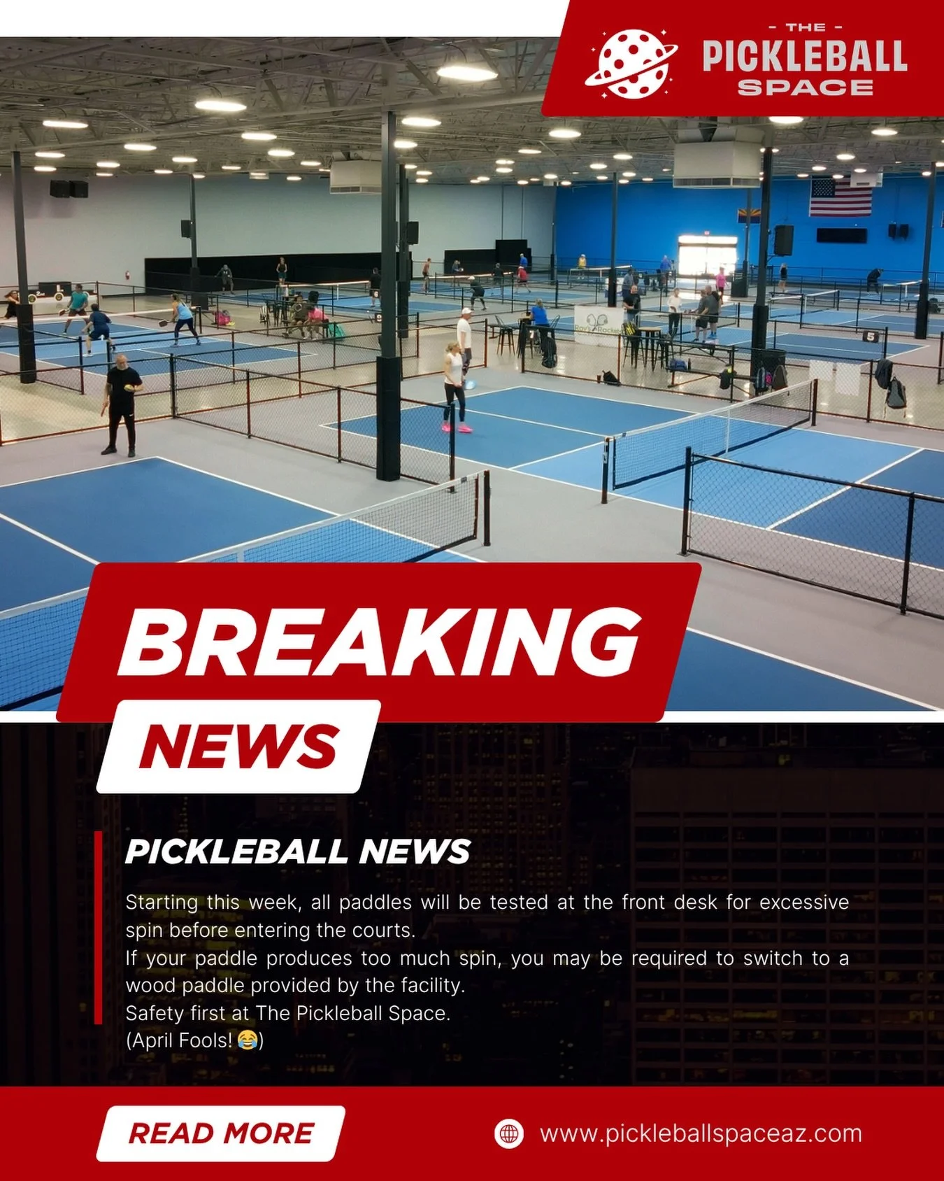 BREAKING NEWS!

Starting this week, all paddles will be tested at the front desk for excessive spin before entering the courts.
If your paddle produces too much spin, you may be required to switch to a wood paddle provided by the facility.
Safety fir
