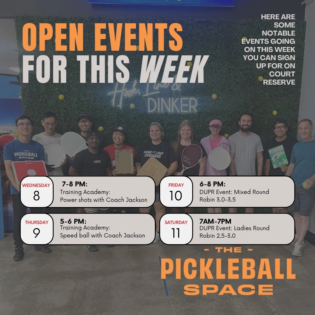 Open Events This Week at The Pickleball Space! 
Looking for some games this week? We&rsquo;ve got open play and events happening all week long at The Pickleball Space!
Grab your paddle, bring a friend, and come join the action! 
📅 Check the schedule