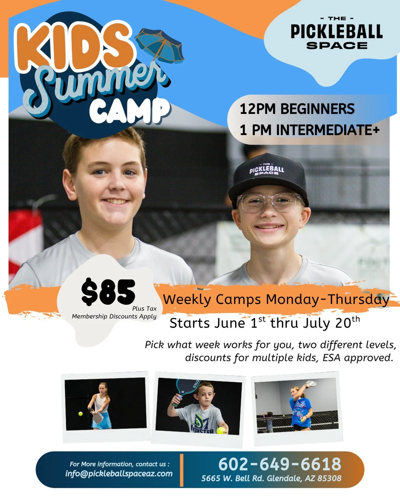 ☀️ Summer Pickleball Camp is Here!

Looking for a fun way to keep the kids active this summer? Join us at The Pickleball Space for our Summer Pickleball Camp! 🔥

📅 June 1 &ndash; July 20
🗓 Monday &ndash; Thursday
💲 $85 + tax

⏰ Camp Times:
&bull;