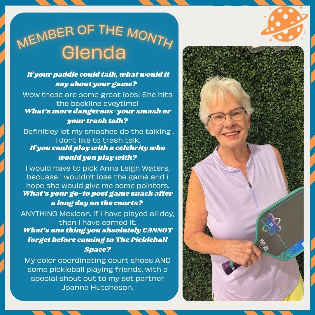 🎉 JUNE MEMBER OF THE MONTH 🎉
A big congratulations to Glenda for being selected as our June Member of the Month at The Pickleball Space! 
Glenda is a fantastic part of our community, always bringing positivity and a smile to the courts and making n