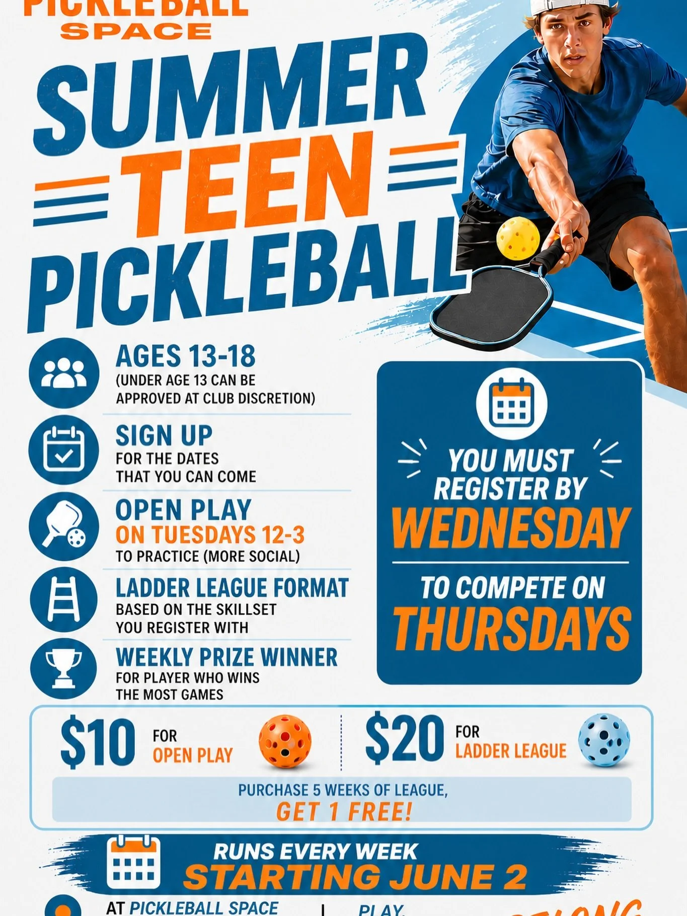 🔥🏓 TEENS, THIS IS YOUR TIME! 🏓🔥
Looking for a fun way to stay active, compete, and hang out with friends this summer? Come check out pickleball at The Pickleball Space! 😎
 Learn new skills, meet new people, and be part of one of the fastest-grow