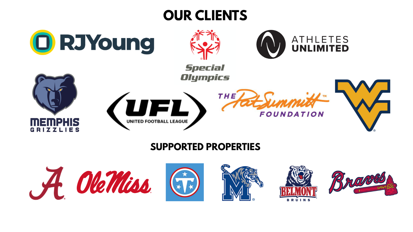Sponsors pictured: RJ Young, Special Olympics, Athletes Unlimited, Memphis Grizzlies, UFL, Pat Summitt Foundation, and West Virginia Athletics. Supported properties: Alabama, Ole Miss, Tennessee Titans, University of Memphis, Belmont, Atlanta Braves.