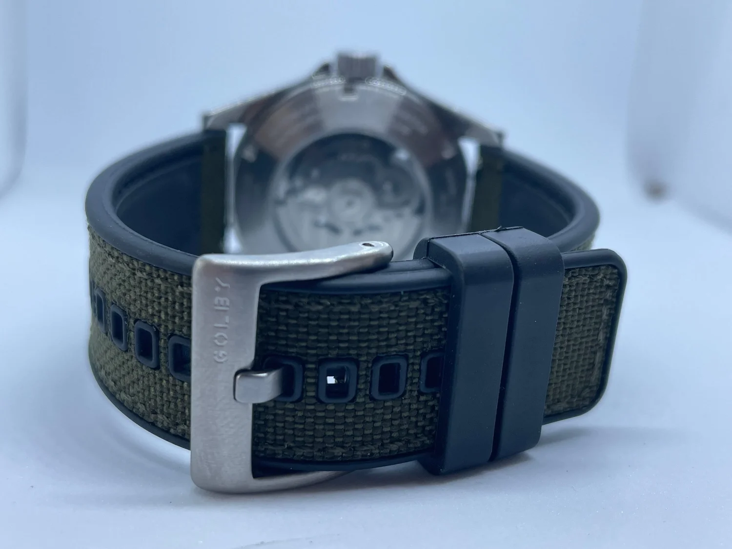 22mm, green and black hybrid rubber and nylon strap with green