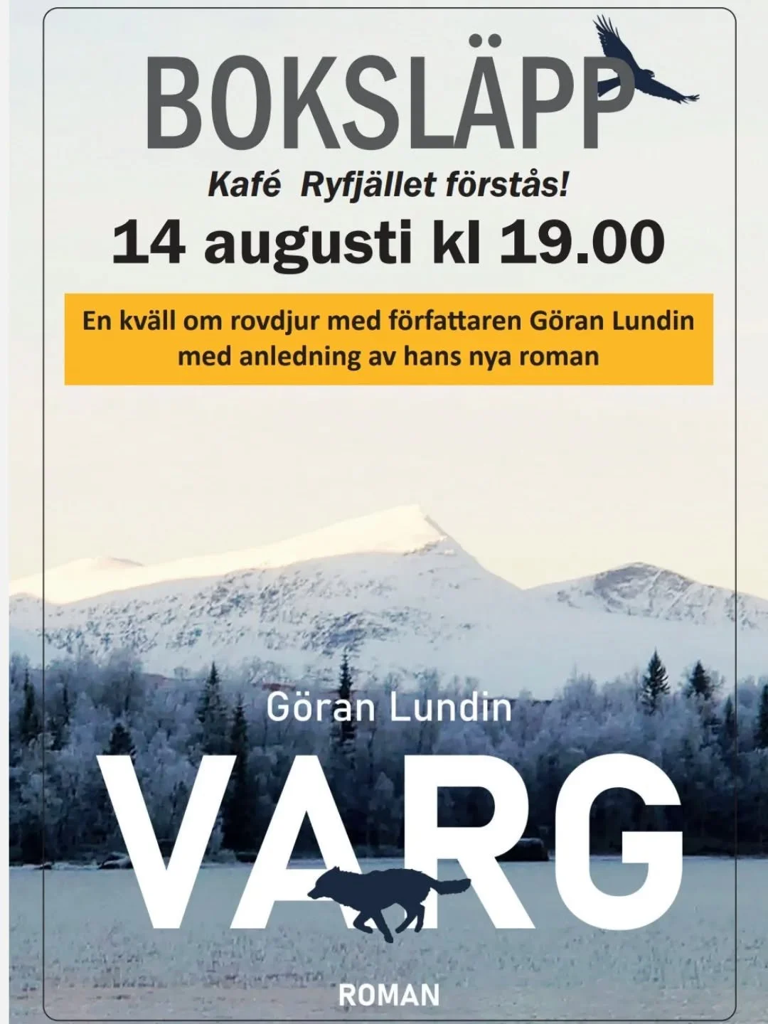 V&auml;lkommen till f&ouml;rfattarkv&auml;ll med G&ouml;ran Lundin. Vi samtalar om romanen Varg som inte bara st&auml;ller m&auml;nskliga relationer p&aring; sin spets, utan &auml;ven m&auml;nniskans f&ouml;rh&aring;llande till naturen i allm&auml;nh