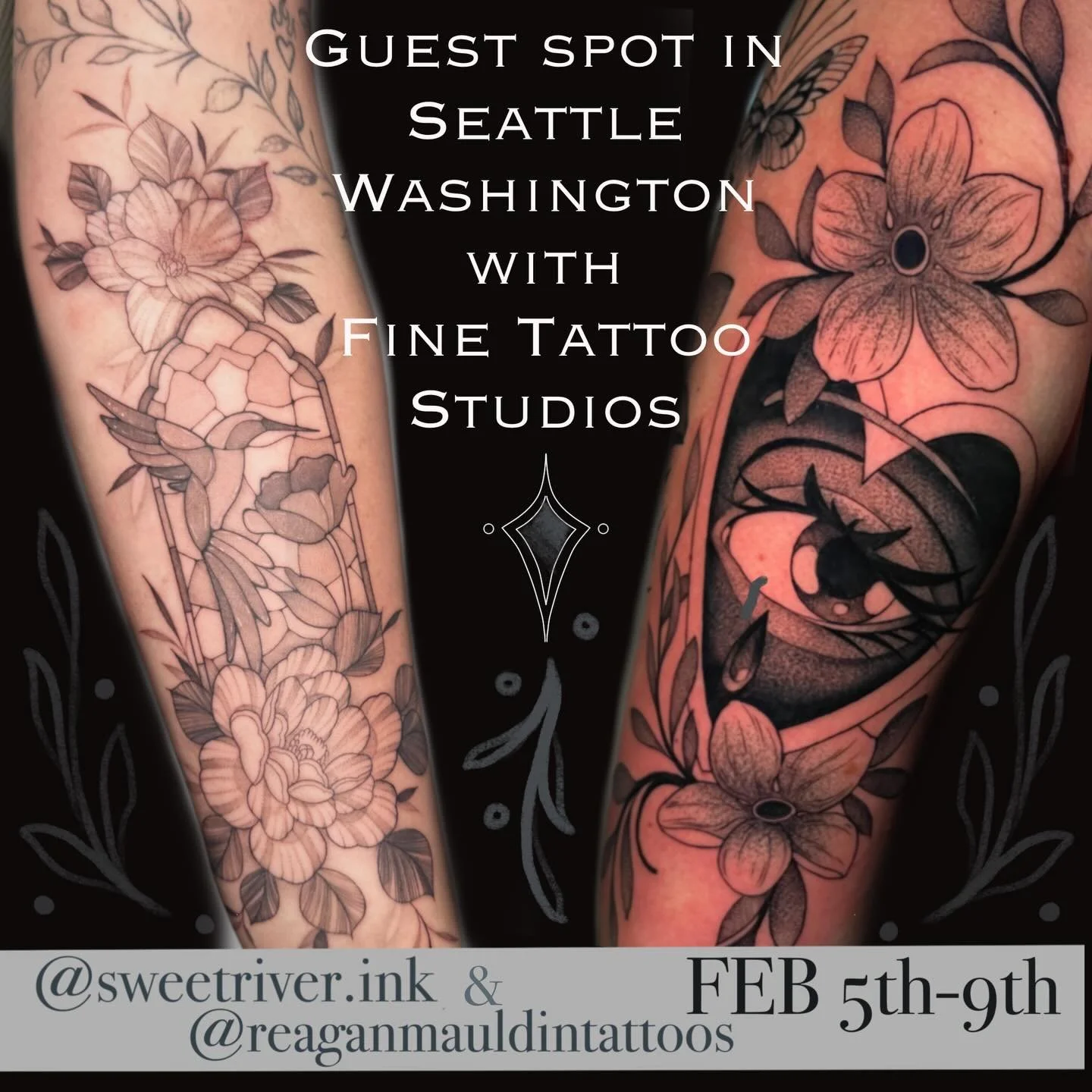 @sweetriver.ink and I are going to Seattle Washington in February. We still have availability so please send over an email to book with us 😊🖤✨🫶
.
We&rsquo;ll be joining the lovely @finetattoostudios for a few days and we can&rsquo;t wait to come m