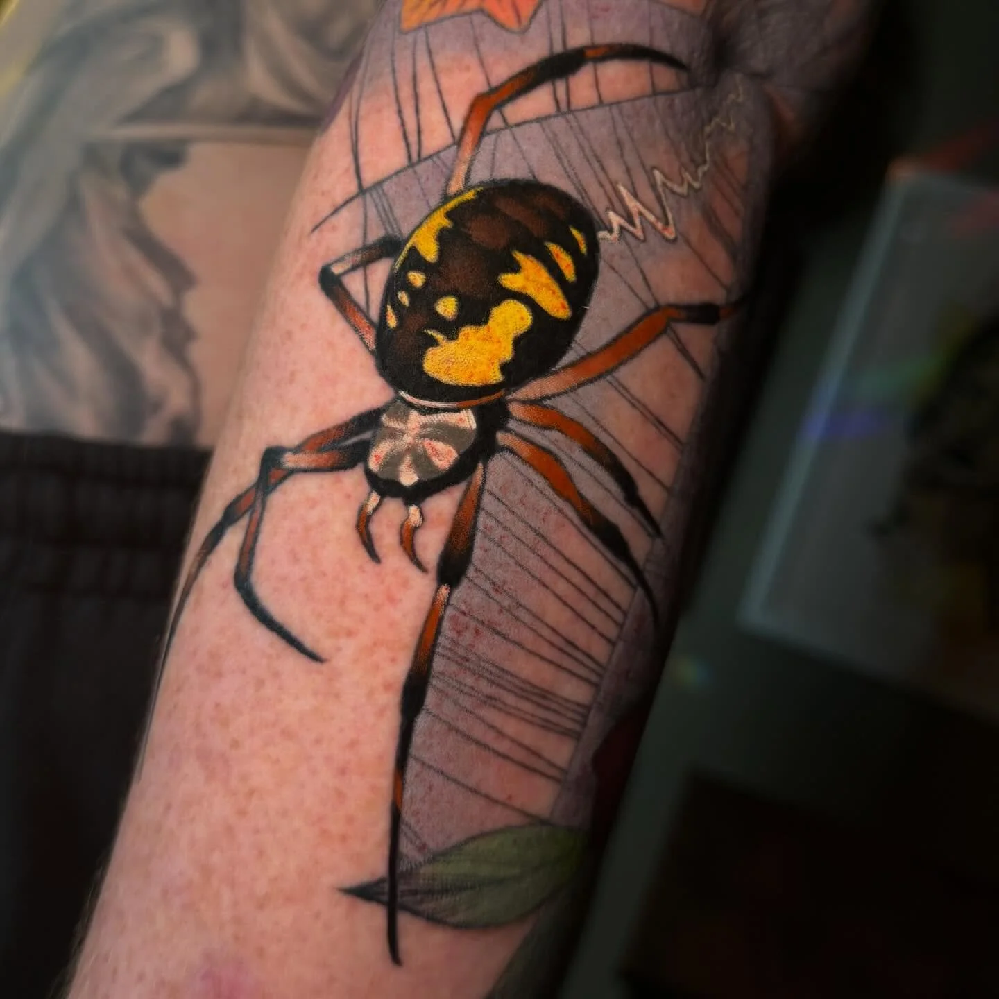 Megan came in last week to get this lovely spider finished up with a blue bonnet to fill the space on the back of her arm. I&rsquo;m BEYOND excited with how this came out and I can&rsquo;t wait to add more on the inner arm later✨🕷️🦋 Thank you for y
