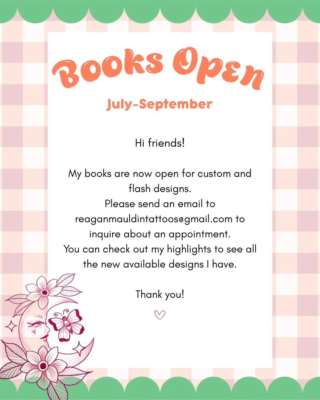 ✨🍓BOOKS ARE OPEN YALL 🍓✨
Please let me know if you have any questions and I cannot wait to see what cool tattoos we do together! Thank you @moon.punk for always making the most beautiful flyers🩷🌸🩷🌸🩷🌸🩷
.
If you&rsquo;d like to join my mailing